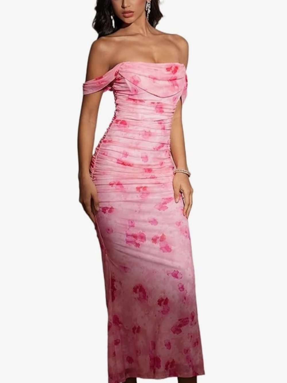 Off-Shoulder Pink Floral Ruched Maxi Dress